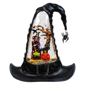 Black witch hat water globe with lighted swirling witch scene featuring pumpkin, cauldron, and spider in 9.5 inch globe