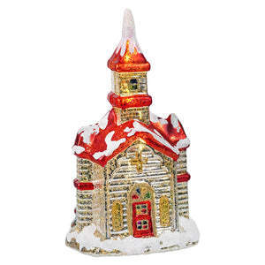 9.5 inch lighted vintage church glass ornament in red and gold with snow dusted roof by raz imports vintage church