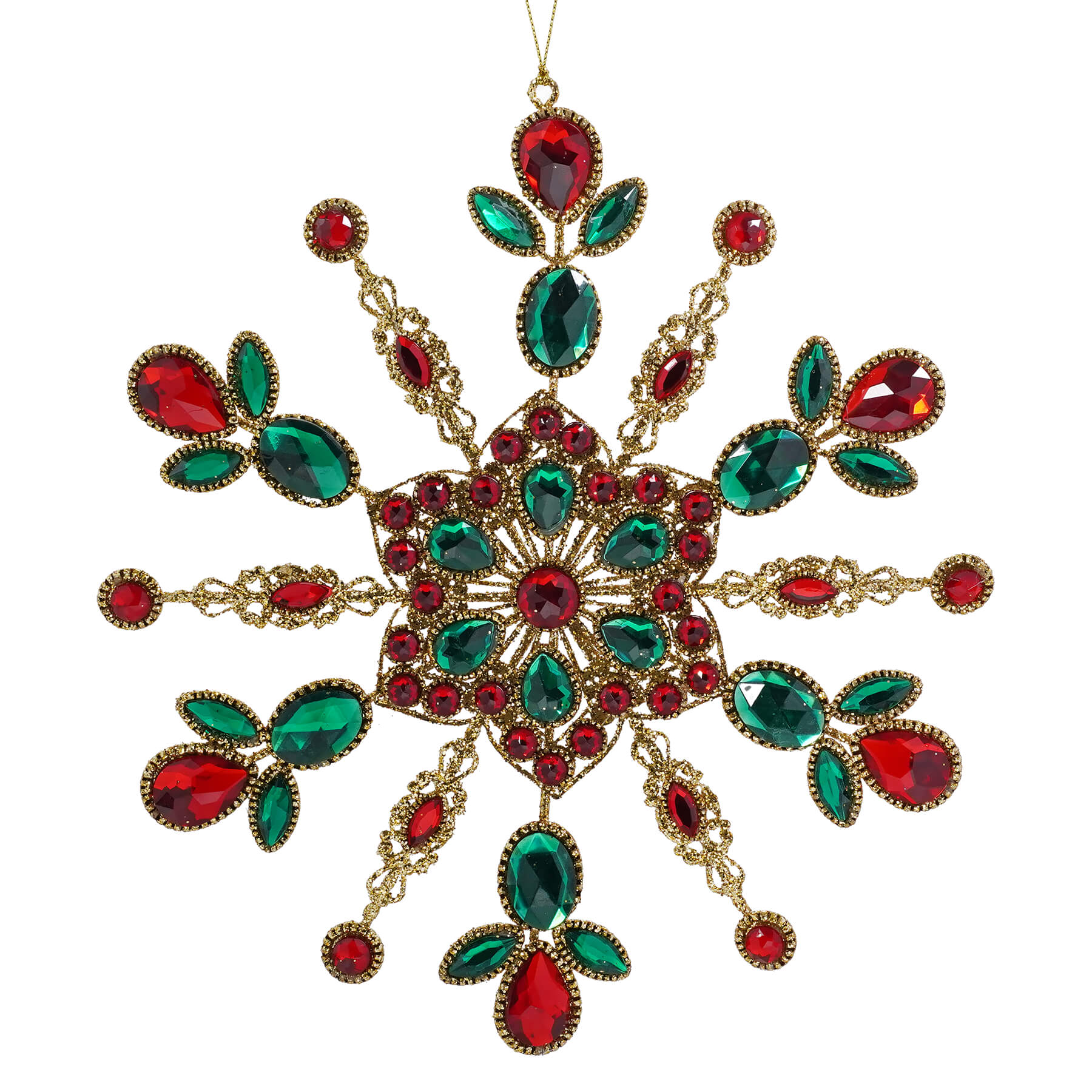 A 9.5 inch red green and gold jeweled snowflake ornament with crystal and metal filigree perfect for holiday decor