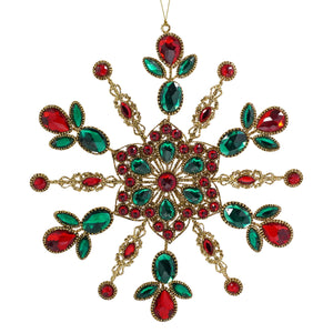 A 9.5 inch red green and gold jeweled snowflake ornament with crystal and metal filigree perfect for holiday decor