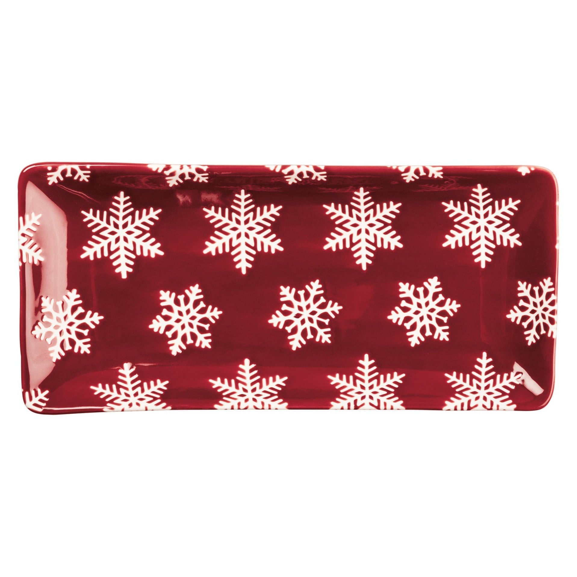 Glossy red rectangular snowflake platter with white snowflake pattern perfect for holiday serving and decor