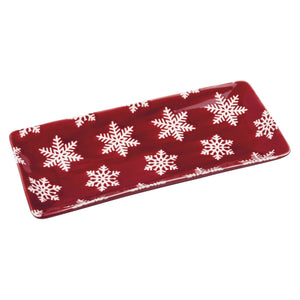 Red ceramic rectangular snowflake platter with white snowflake patterns perfect for holiday serving