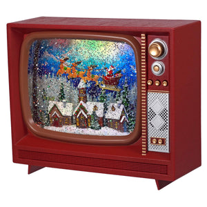 Red vintage-style television snow globe with santa flying over town musical lighted holiday lights decor