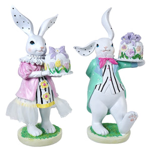 9 inch chic resin easter bunnies holding colorful spring cakes set of 2 easter figures for holiday décor