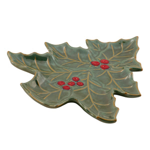 Holly berry tree plate ceramic tray shaped like a holly leaf with matte sage green glaze gold veins and red berries