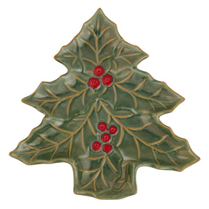 Green ceramic holly berry tree plate with red berry accents and gold leaf detailing perfect for holiday decor