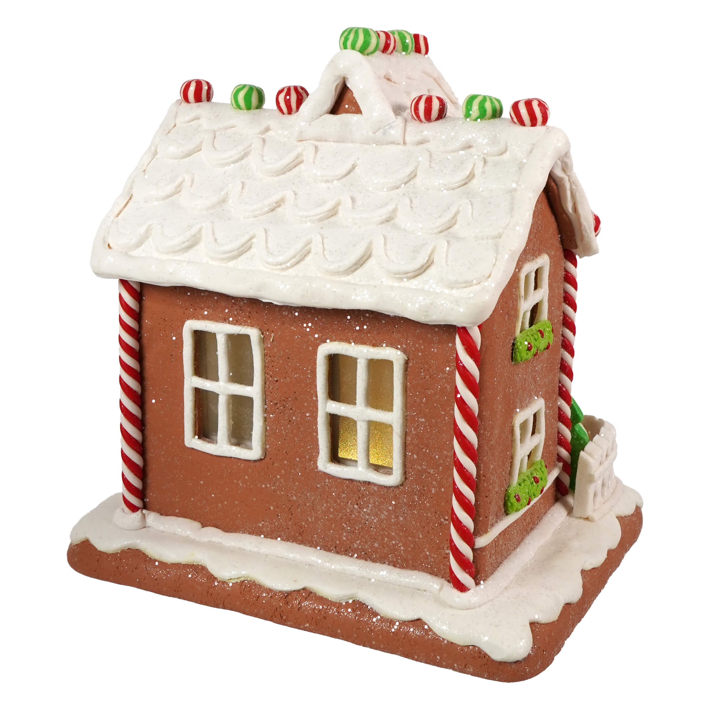 9 inch lighted gingerbread junction house ornament with brown glitter facade, candy cane pillars, and peppermint decor