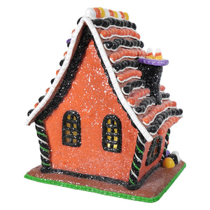9 inch lighted halloween gingerbread house with candy roof black and white trim glittery texture for halloween village houses and accessories