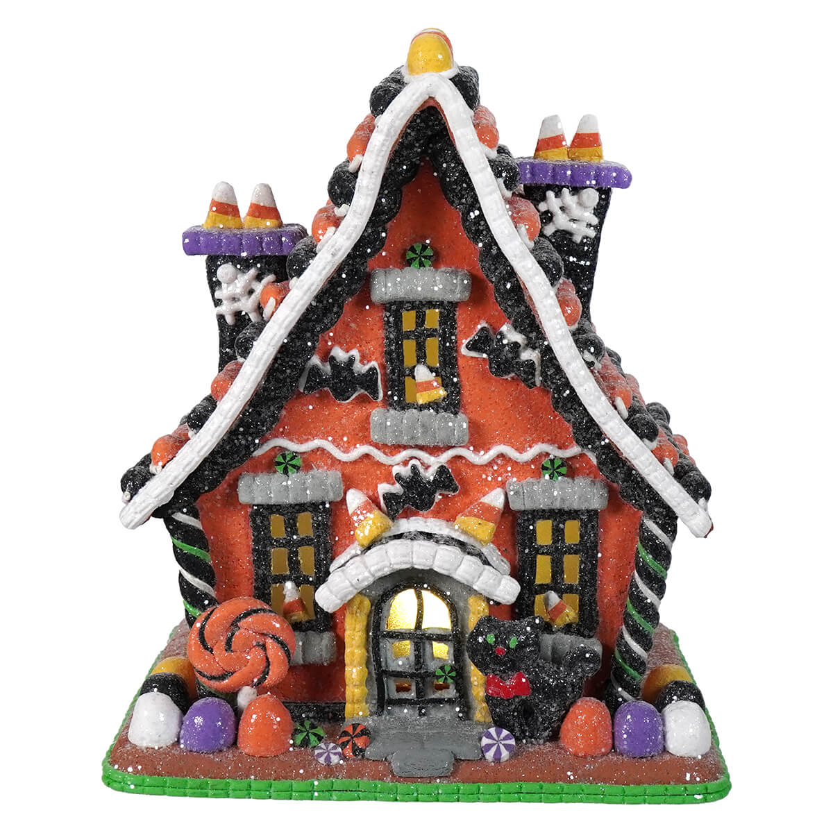 9 inch lighted halloween gingerbread house with candy corn bats and black cat for halloween village houses and accessories