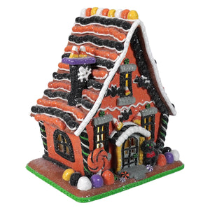 9 inch lighted halloween gingerbread house with red orange facade black white striped roof and candy decorations for halloween village houses accessories