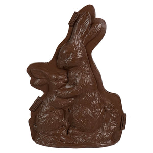 9 inch resin chocolate bunny mold with glossy brown finish featuring detailed rabbits and grass for spring collection
