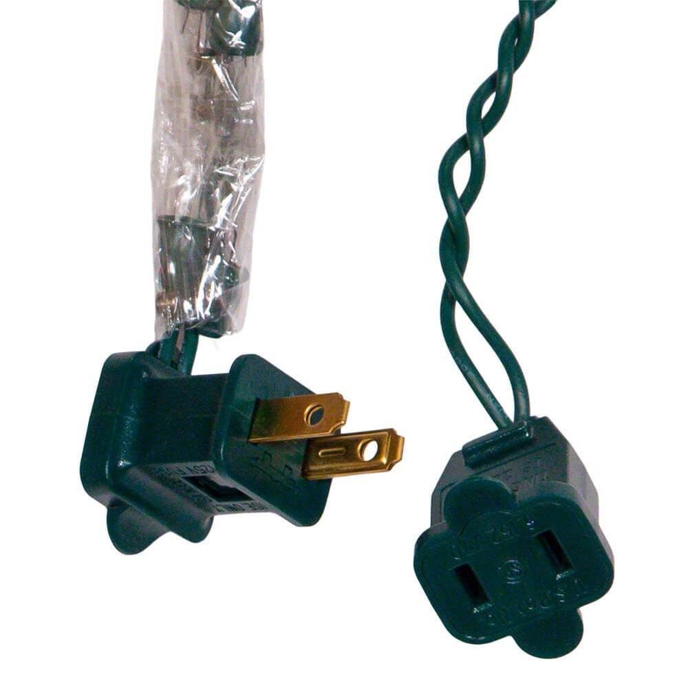 Dark green twisted cord with a two-prong plug and four-hole connector for red chili pepper light set