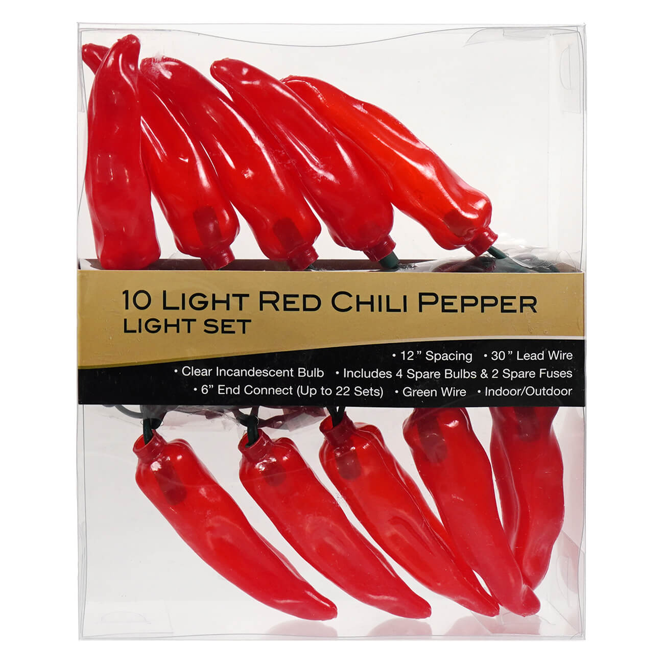 A 9 foot UL 10-light red chili pepper light set with vibrant glossy red chili shaped bulbs and green wire
