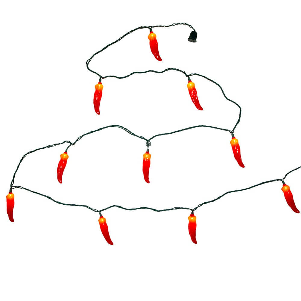 Red chili pepper shaped led light set with black wire and plug 9 foot 10-light connectible string lights