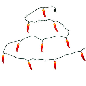 Red chili pepper shaped led light set with black wire and plug 9 foot 10-light connectible string lights