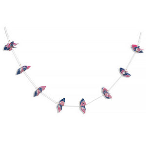 Decorative garland featuring American flag-patterned butterfly ornaments connected by white string.