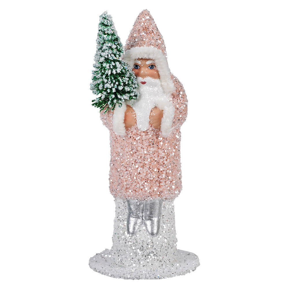 Ino Schaller Pink Glittered Coat Santa Holding Frosted Tree