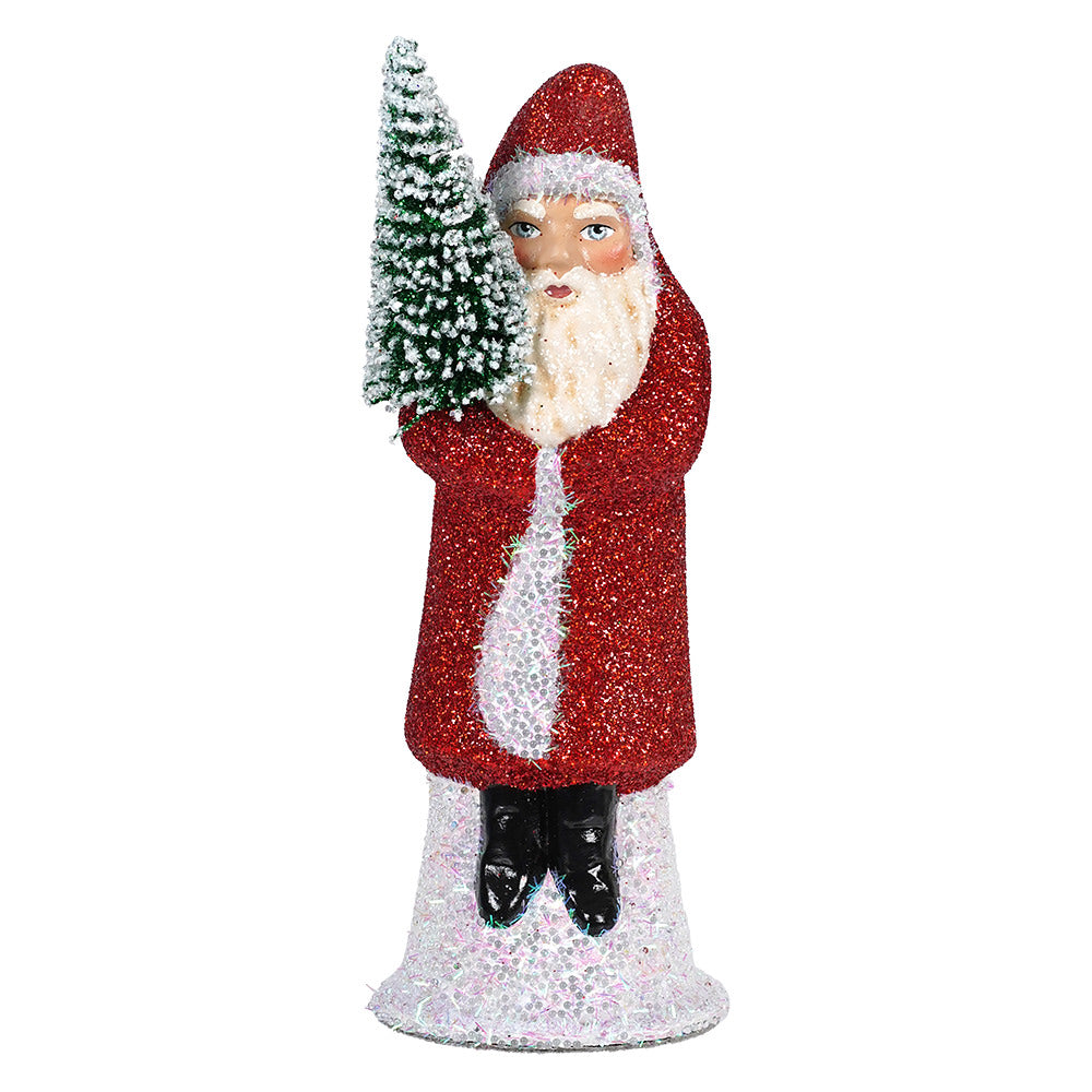 Ino Schaller Glittered Red Coat Santa Holding Frosted Tree