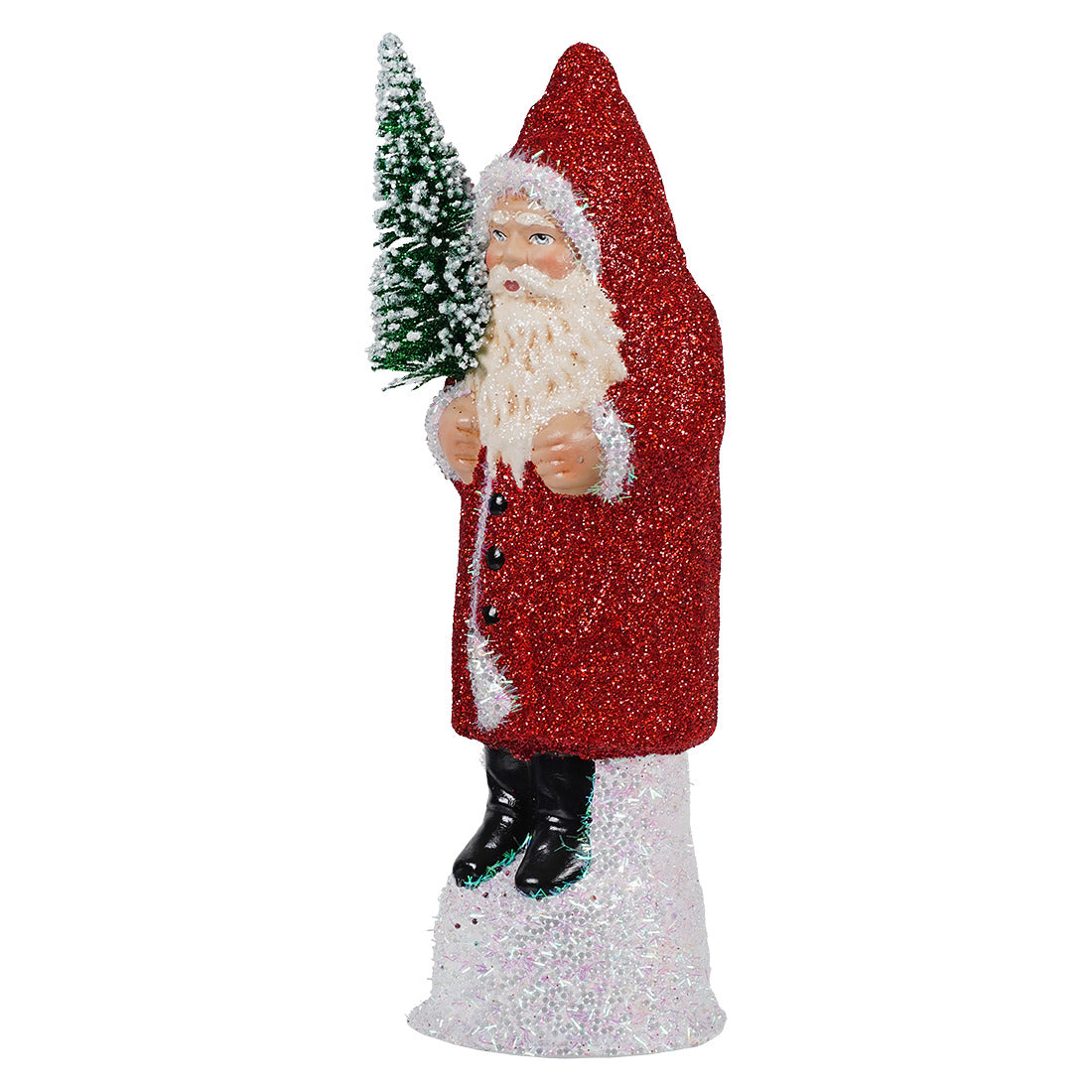 Ino Schaller Red Glitter Coat Santa Holding Green Frosted Tree