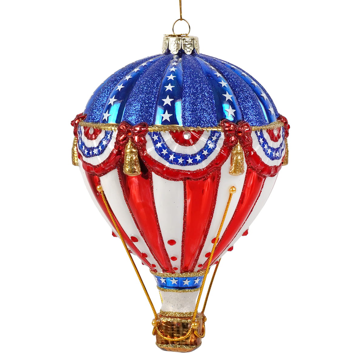 Bellissimo Glass Red, White & Blue Hot Air Balloon Ornament