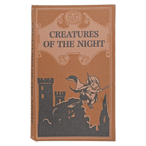 Vintage hardcover book titled 'Creatures of the Night' with a tan-brown cloth cover, dark gray illustration of a witch flying over a castle, and matching spine text, shown on a plain white background.
