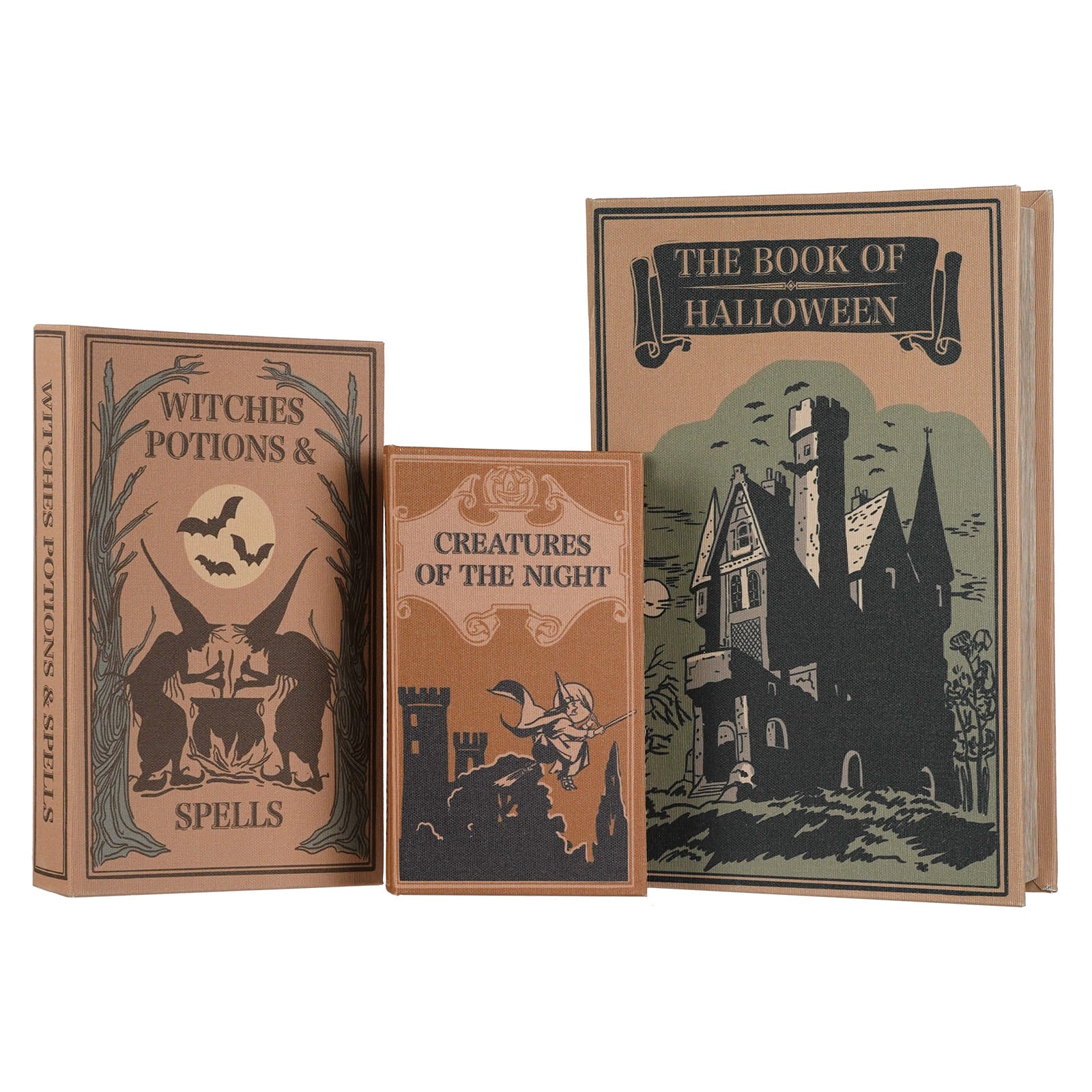 Three decorative hardcover books (boxes) with vintage Halloween-themed covers: 'Witches Potions & Spells', 'Creatures of the Night', and 'The Book of Halloween', arranged against a plain white background.