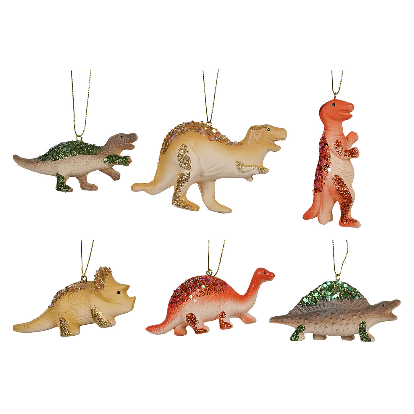 Colorful Glittered Dinosaur Ornaments Set/6