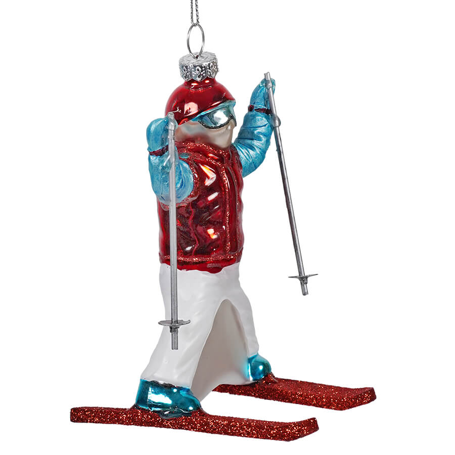 Blue & Red Plowing Skier Ornament