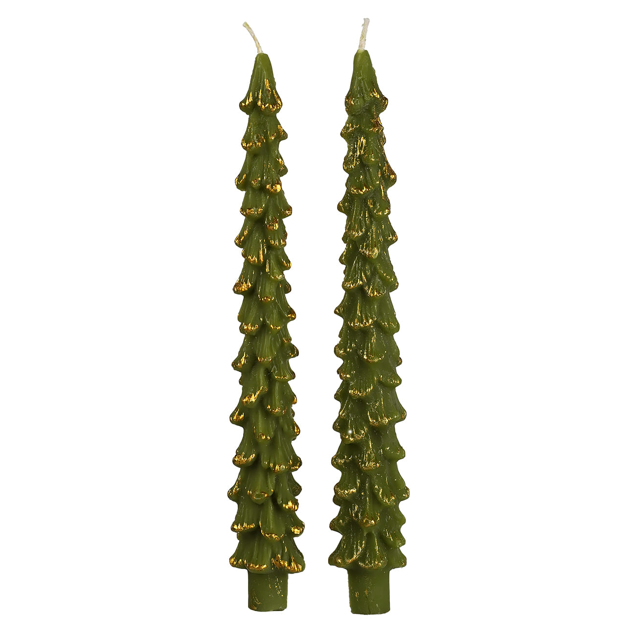 10" Unscented Evergreen Colored Tree Shaped Taper Candles With Gold Tips Box Set/2