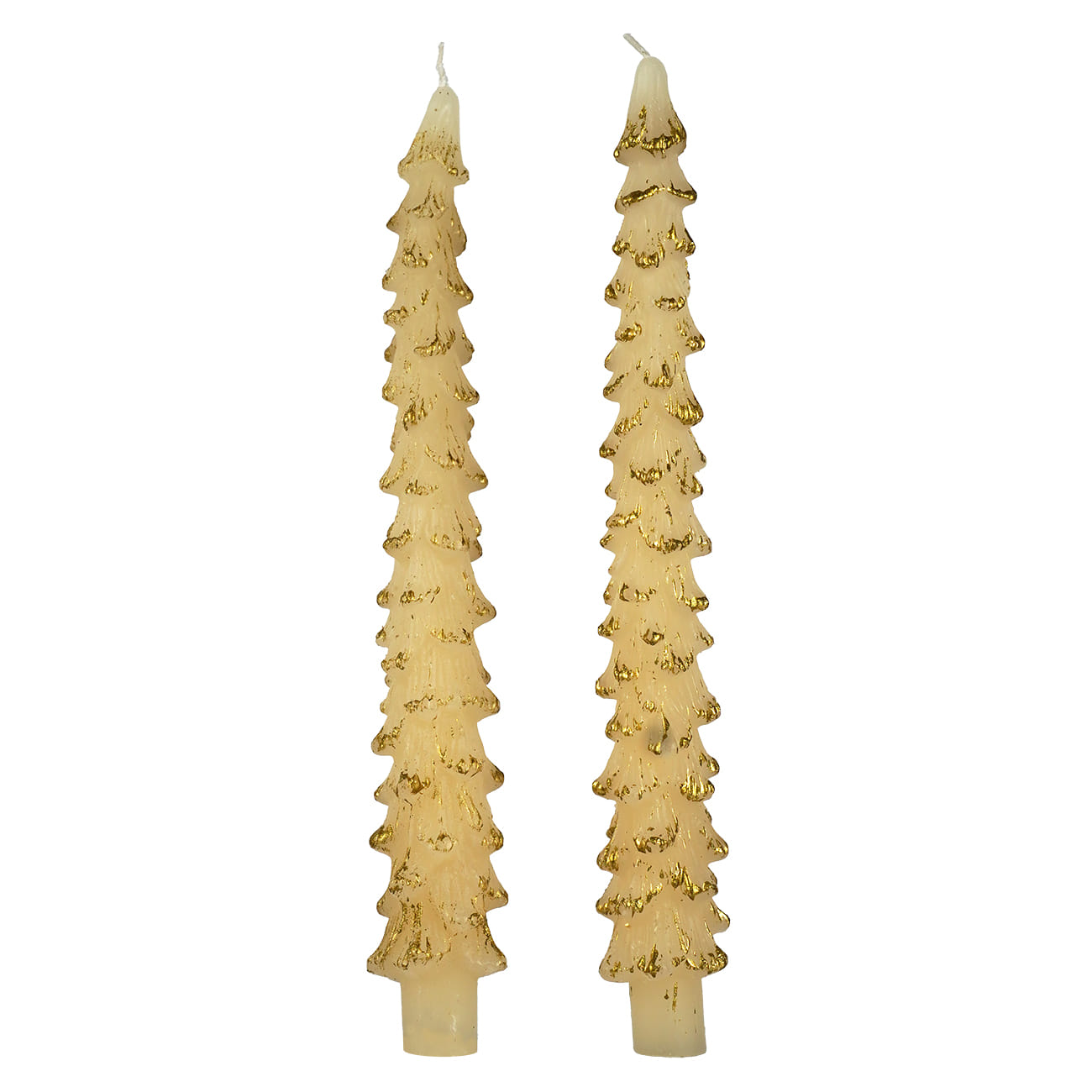 10" Unscented Eggnog Colored Tree Shaped Taper Candles With Gold Tips Box Set/2
