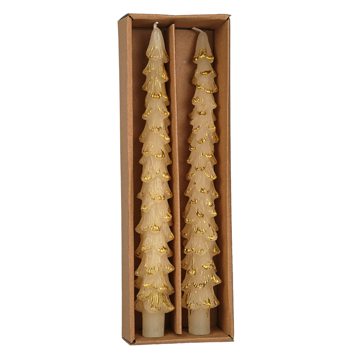 10" Unscented Eggnog Colored Tree Shaped Taper Candles With Gold Tips Box Set/2