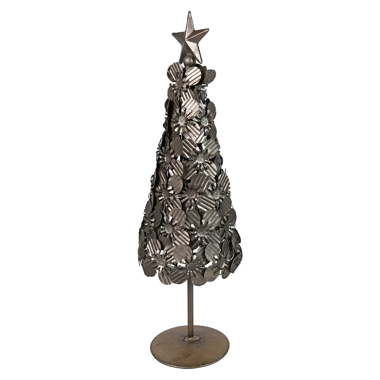 14" Antique Silver Finish Metal Flowers Christmas Tree With Star