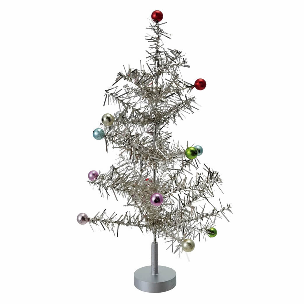 14" Silver Finish Tinsel Tree With Multi Color Ball Ornaments