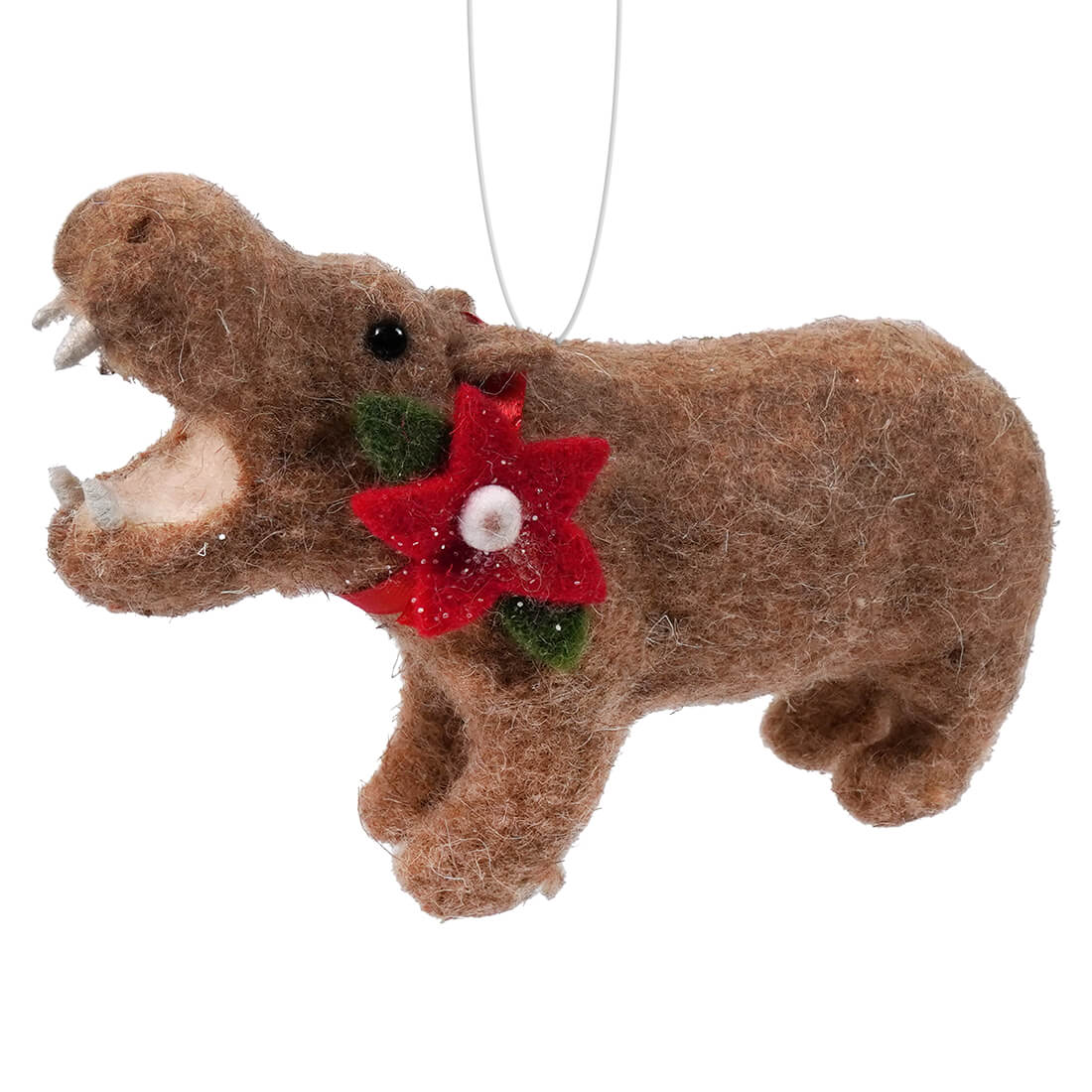 Handmade Wool Felt Hippo Safari Animal Ornament With Wreath