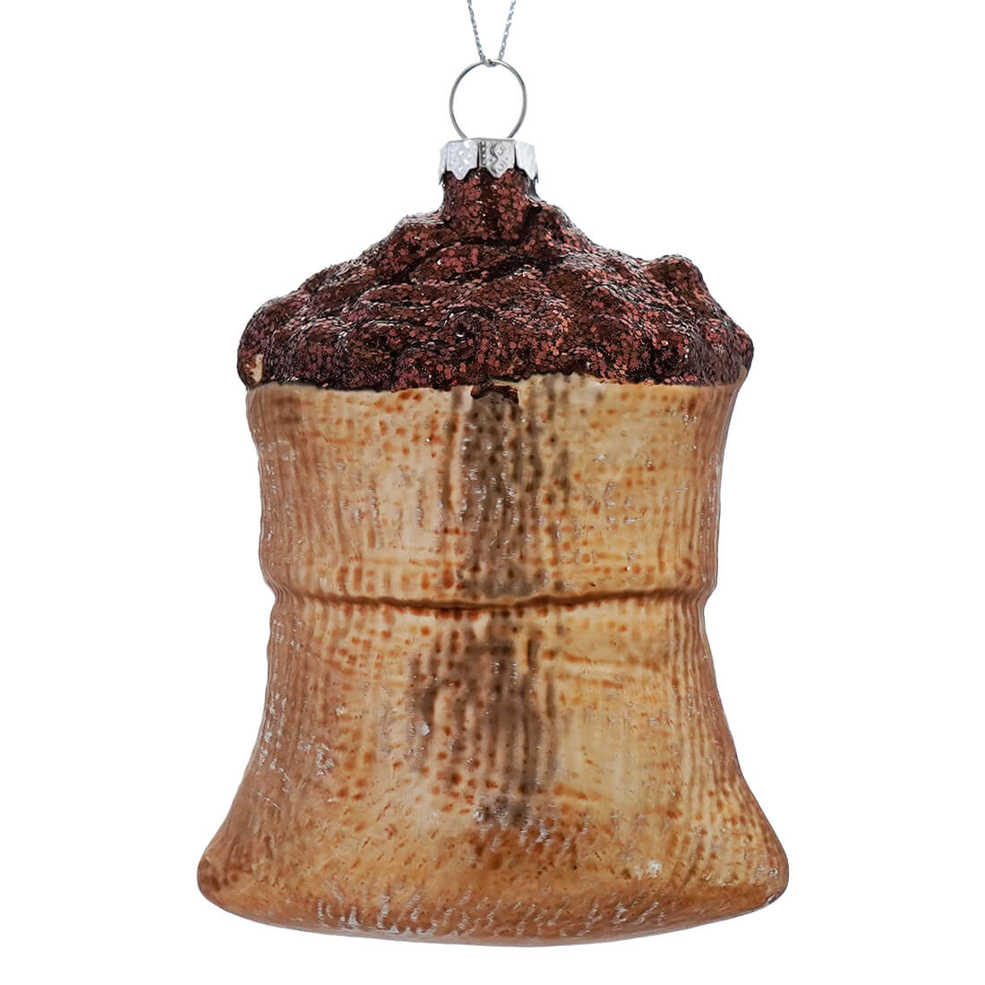 Coffee Bean Sack Glass Ornament With Gold & Brown Glitter Finish
