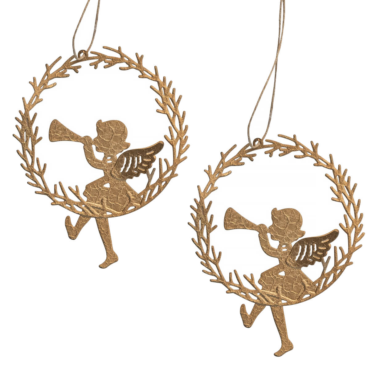 Gold Finish Metal Angel Sitting On Wreath With Trumpet Ornaments Set/2