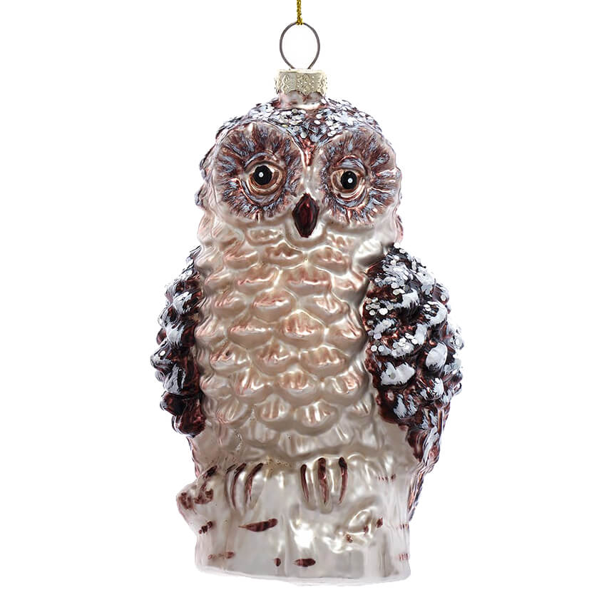 White & Brown Glass Owl On Stump Ornament