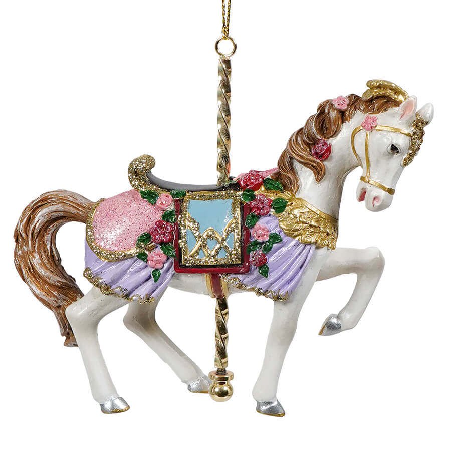 White Floral Carousel Horse Ornament