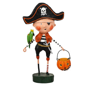 A pirate-themed figurine of a child wearing a black pirate hat with a skull and crossbones, an eyepatch, a striped shirt, and an orange vest, holding a green parrot on one arm and a jack-o'-lantern bucket in the other hand, standing on a dark green base against a white background.