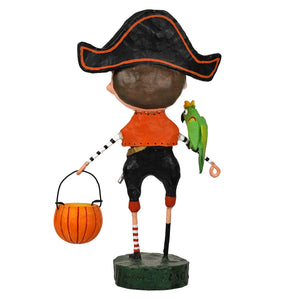 Pirate figurine shown from the back, wearing a black hat with orange trim, an orange shirt, and black pants, holding an orange pumpkin bucket and having a green parrot on one arm, set against a plain white background.