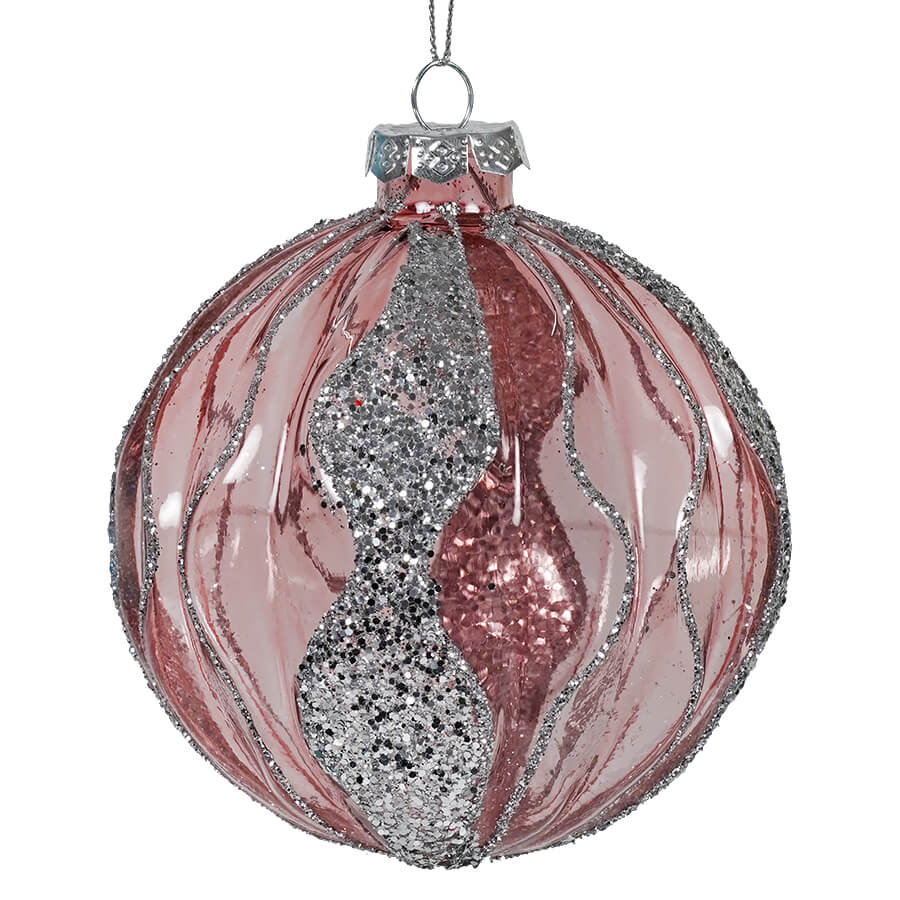 Pink & Silver Glittered Glass Ball Ornament