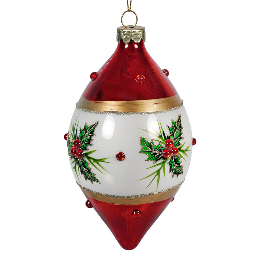 Red & White With Holly Finial Glass Ornament
