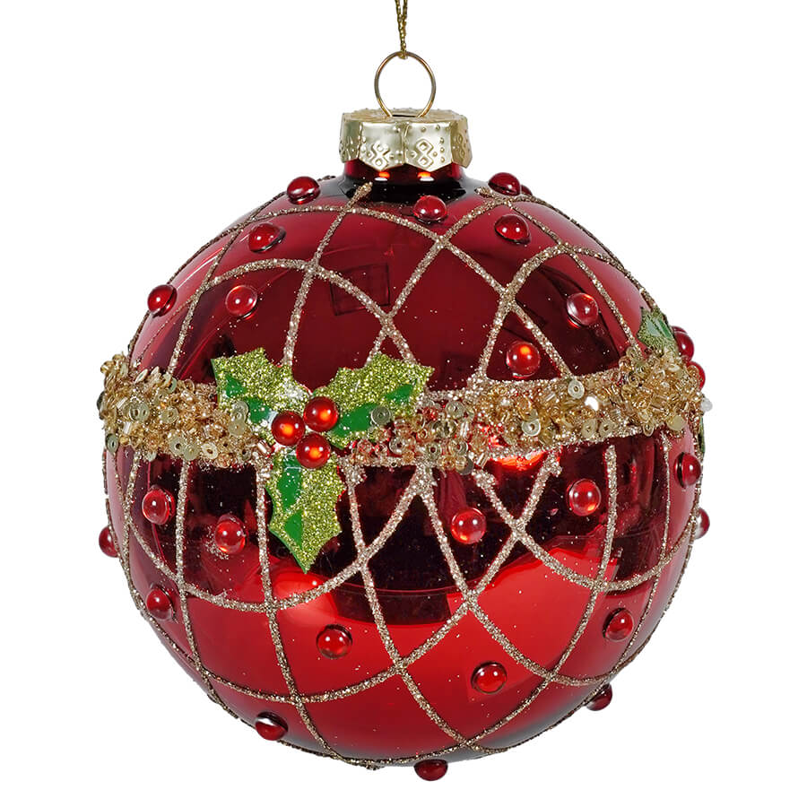 Red, Green & Gold Holly Glass Ball Ornament