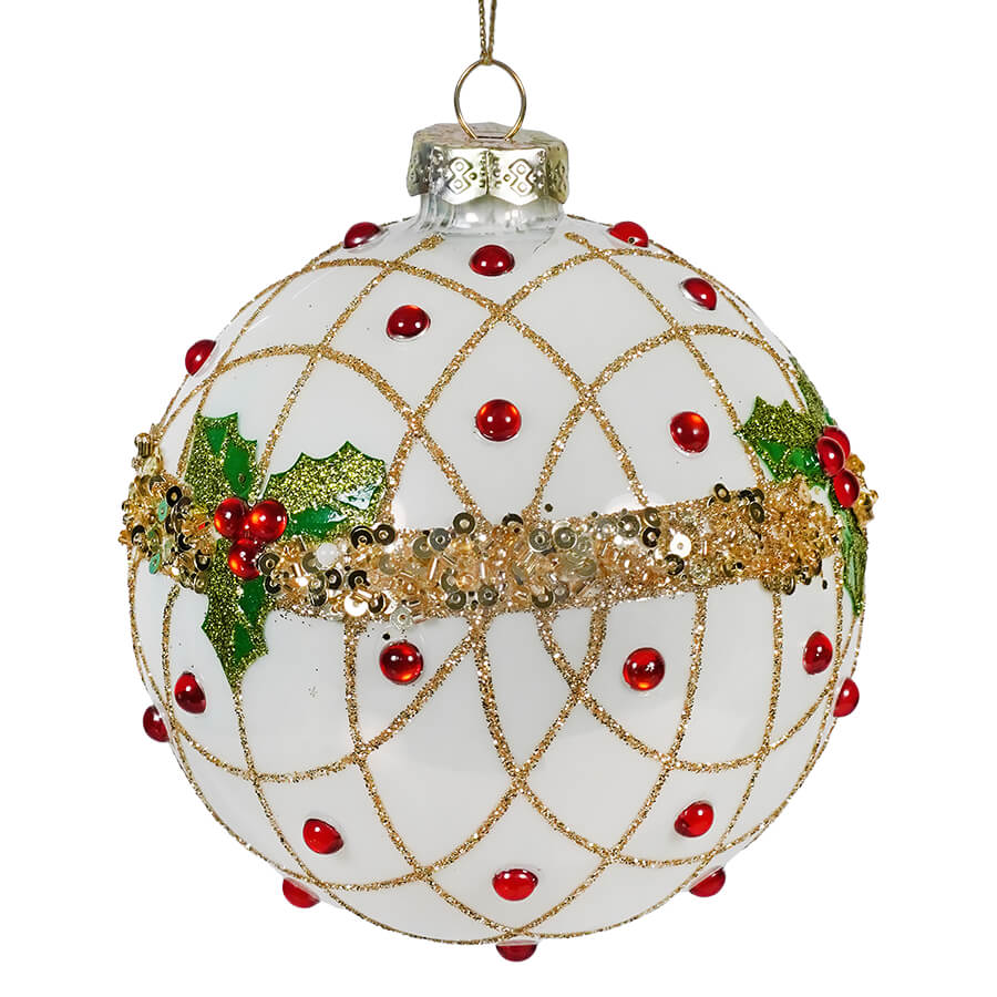 Red, White & Gold Holly Glass Ball Ornament