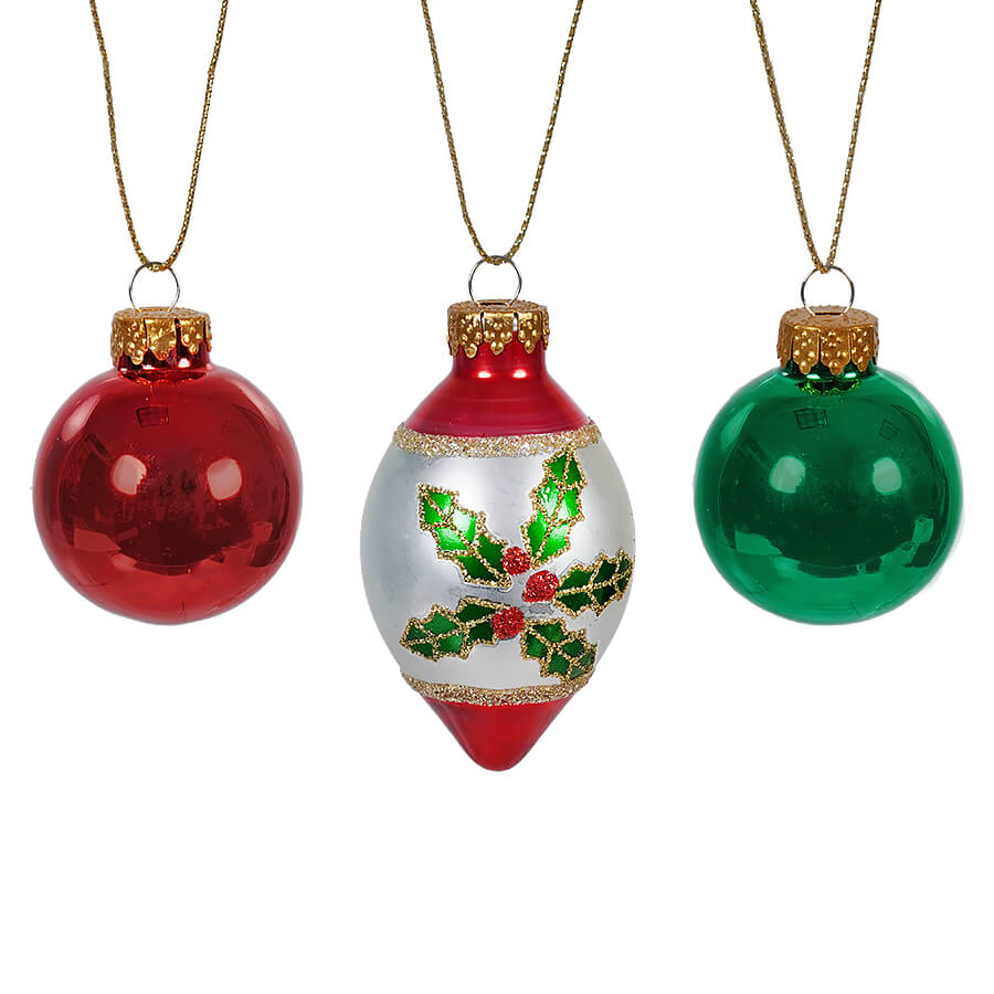 Glass Green & Red Ball & Finial Ornaments Box Set/12