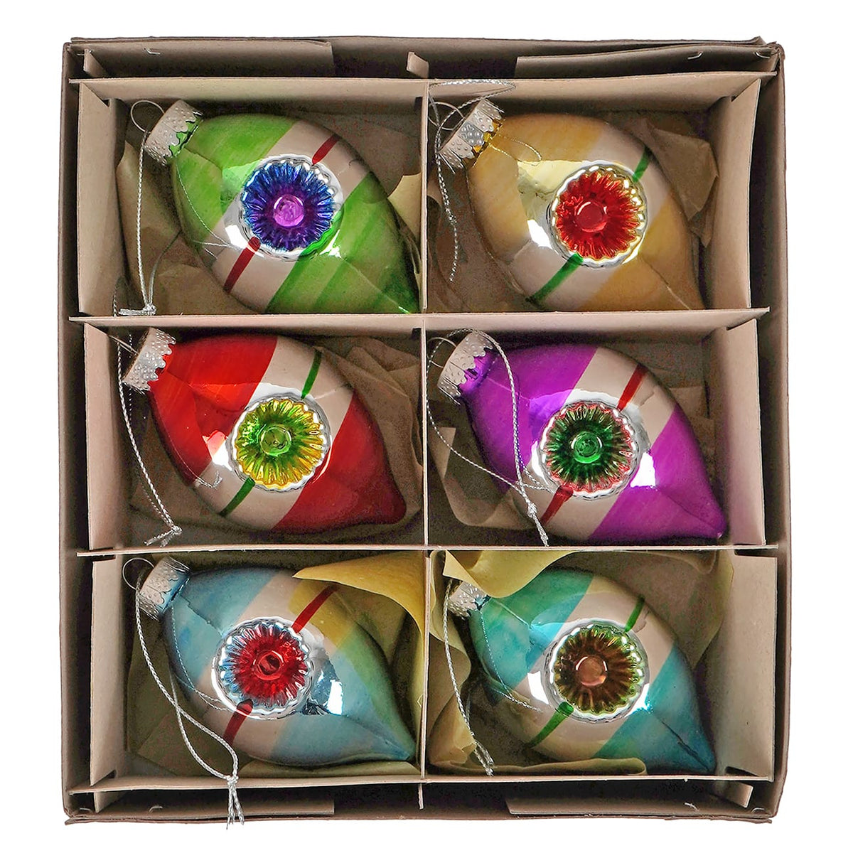 Early Years Glass Striped Finial Reflector Ornaments Box Set/6