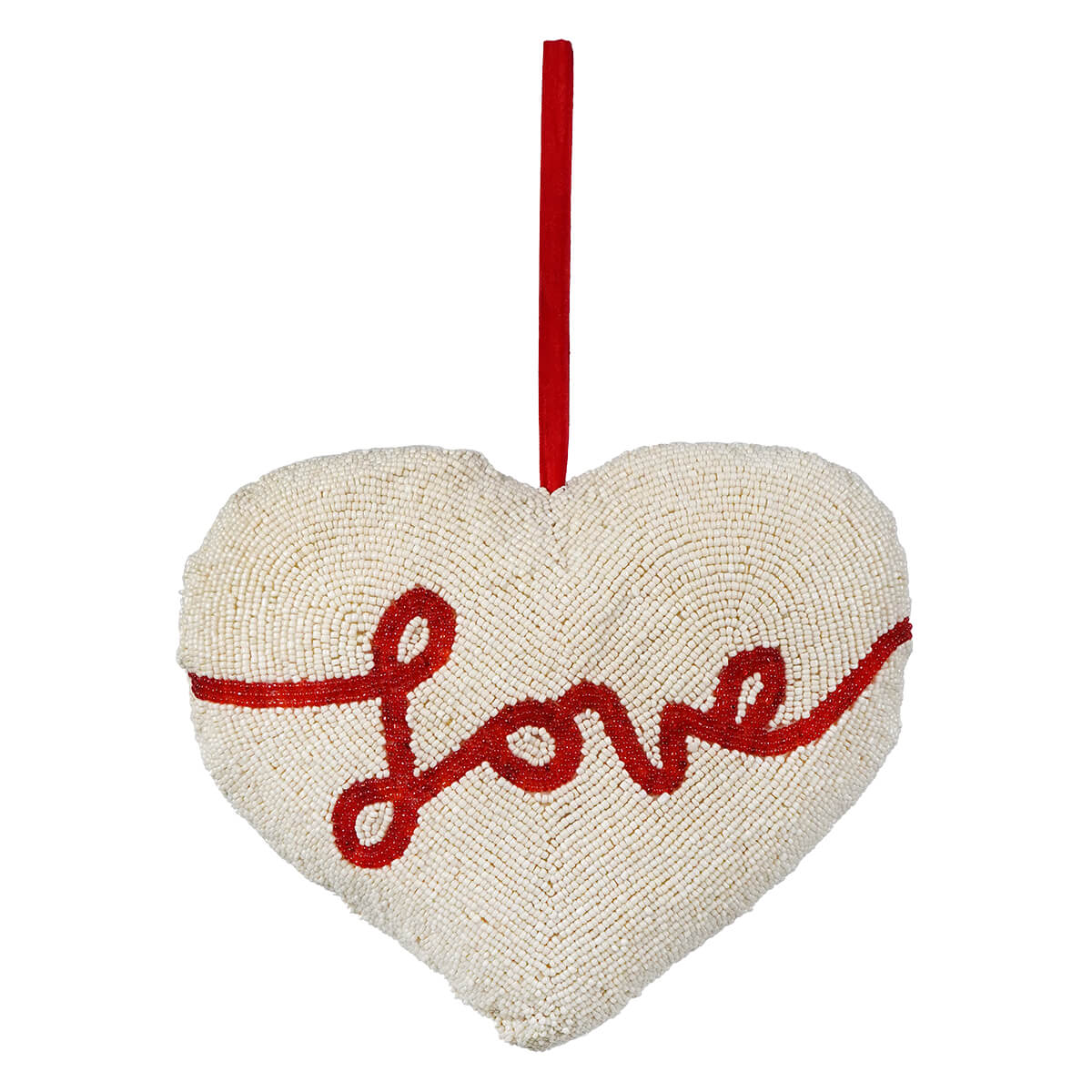 White Beaded "Love" Valentine Heart Shaped Pillow