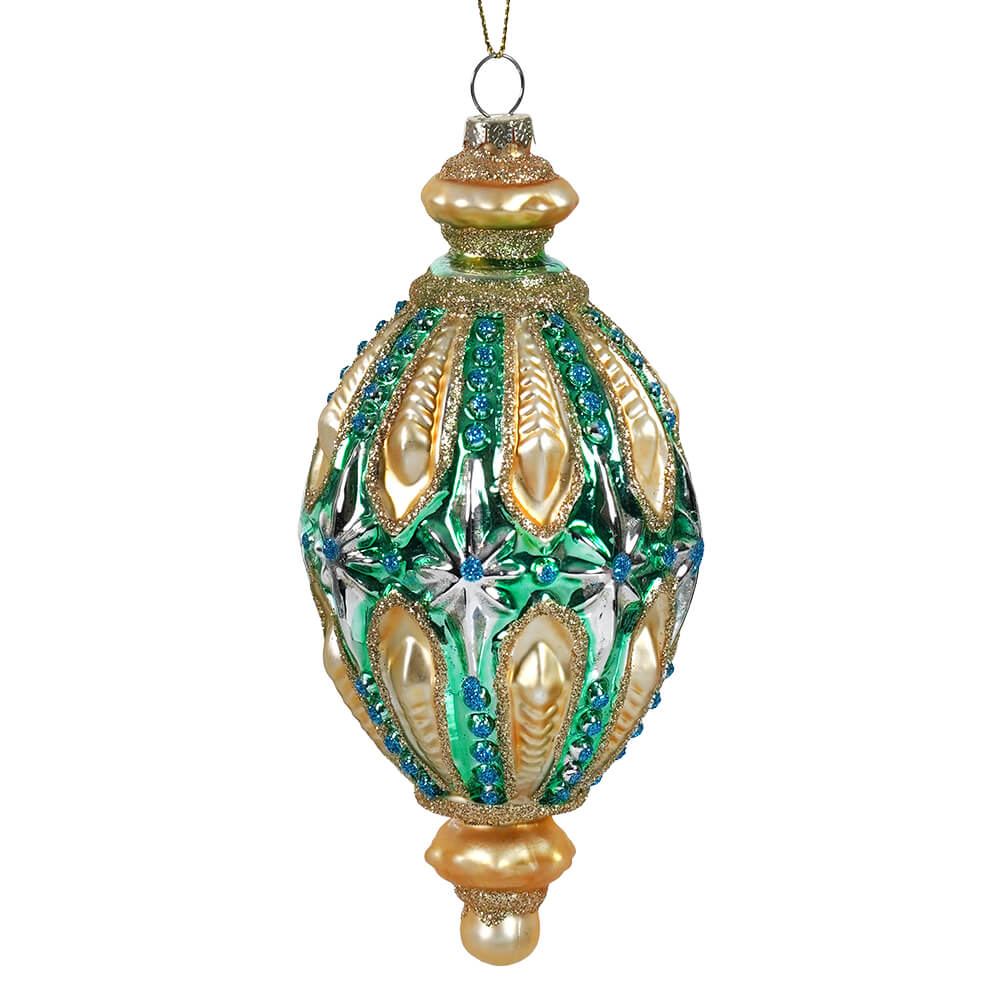 Glass Green, Blue & Gold Vintage Finial Ornament