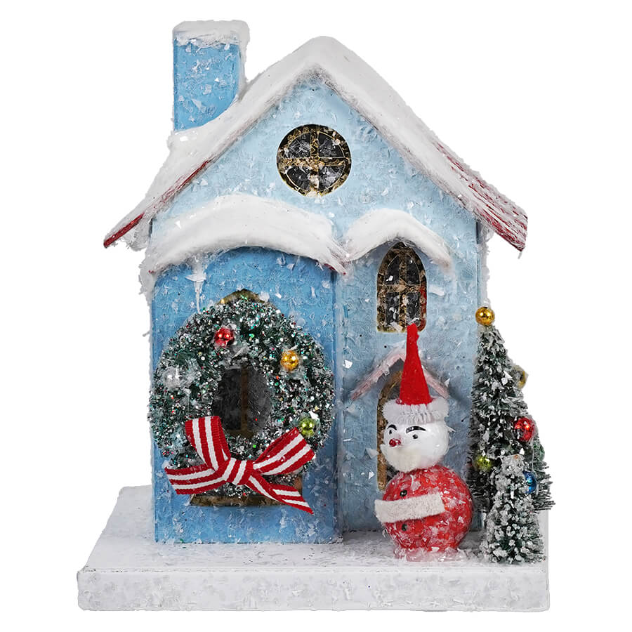 Petite Blue House With Dark Green Trees & Snowman