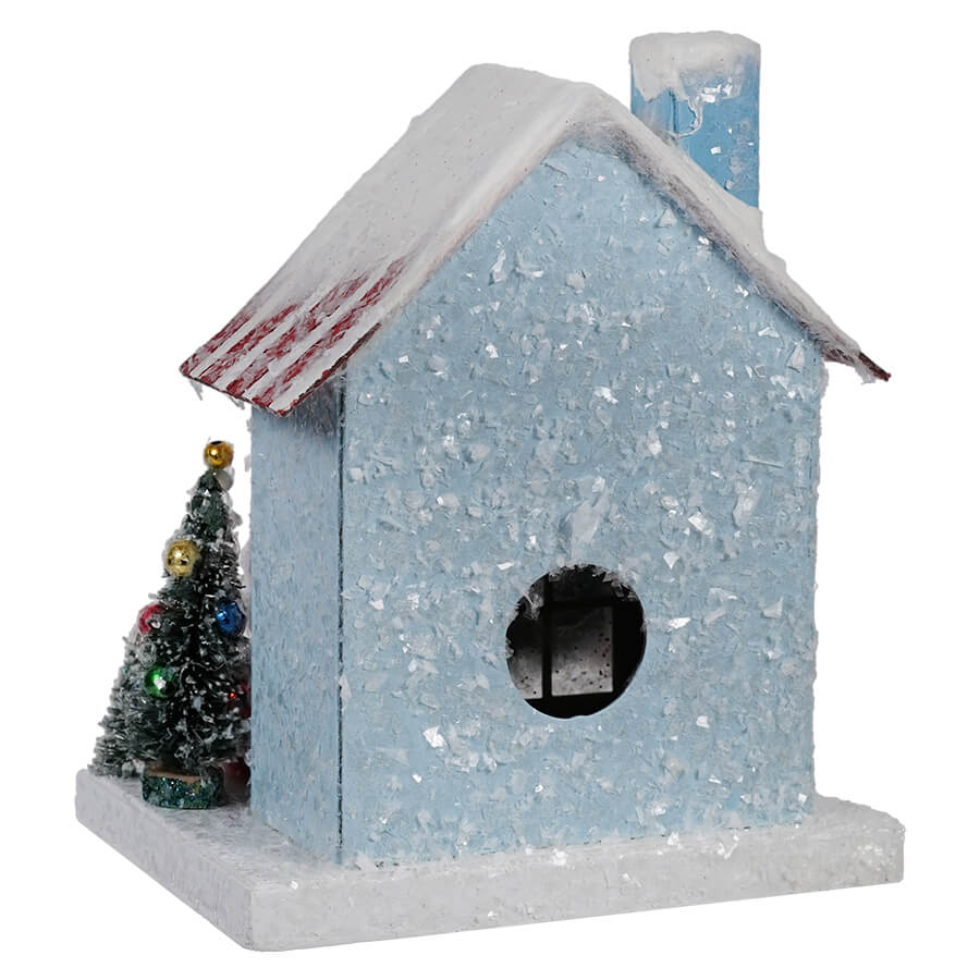 Petite Blue House With Dark Green Trees & Snowman